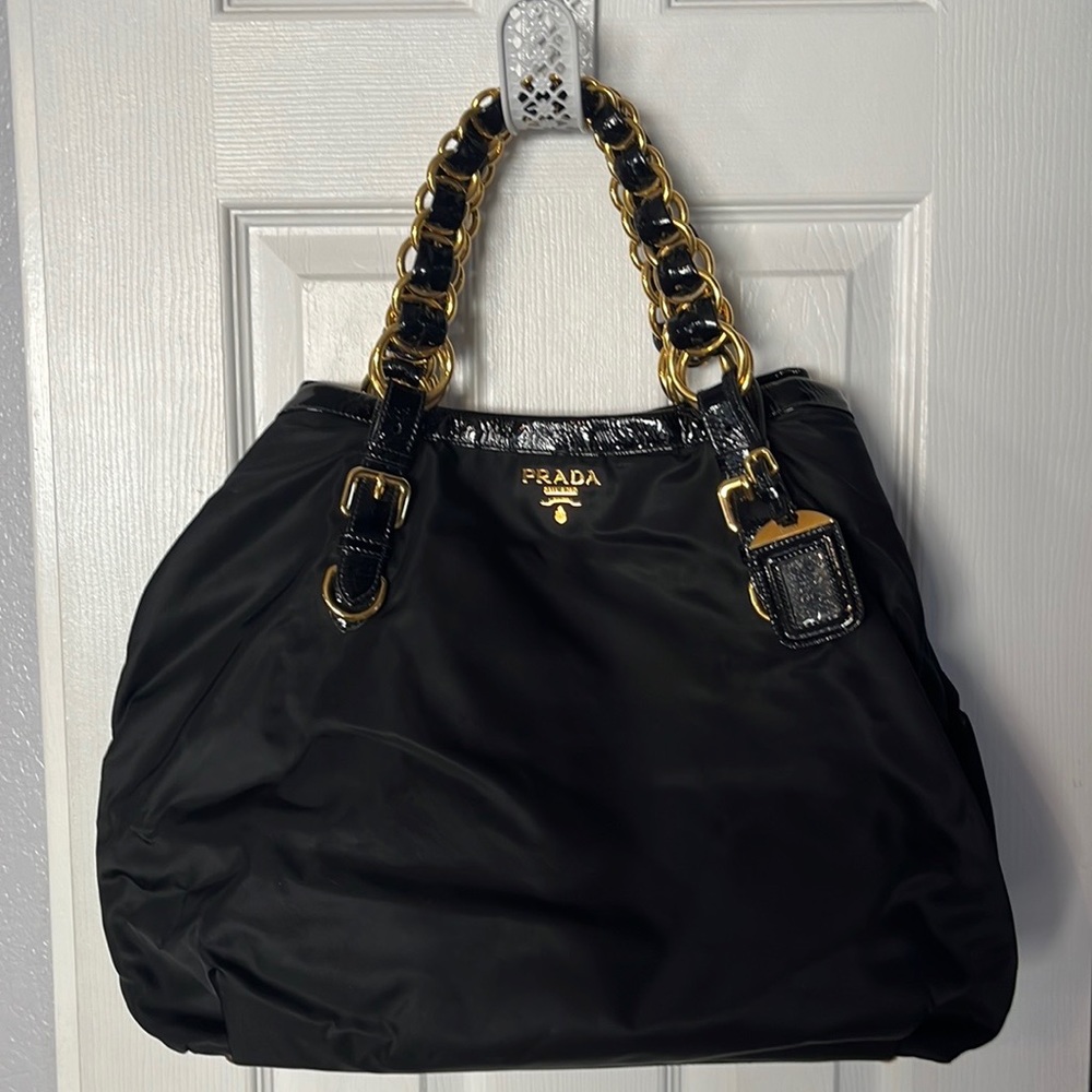 Prada nylon/ patent leather large bag with gold/patent chain handle
